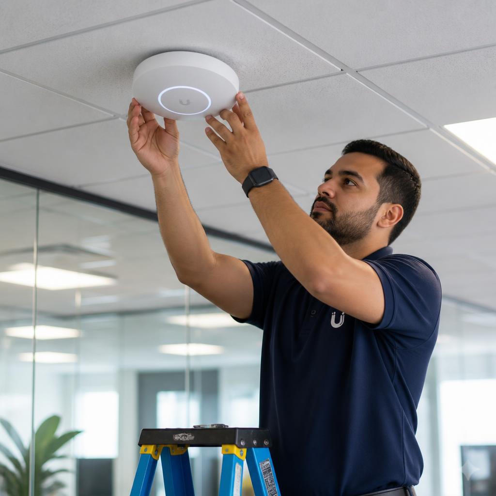 Técnico instalando access point Ubiquiti no teto corporativo